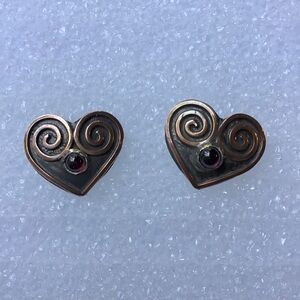 Heart-Shaped Copper and Silver Earrings with Garnet